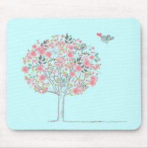 Blooming Tree and Birds in Love Mouse Mat