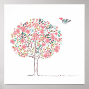 Blooming Tree and Birds in Love Poster