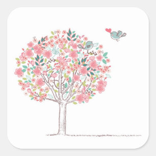 Blooming Tree and Birds in Love Square Sticker