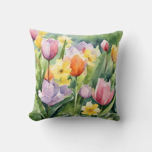 Blooming Tulips in watercolors Cushion