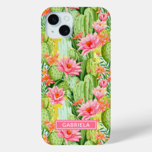 Blooming Watercolor Cacti Personalised iPhone 15 Mini Case