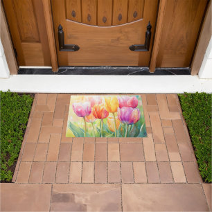 Blooming Watercolor Spring Tulip Garden Doormat
