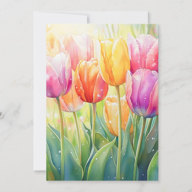 Blooming Watercolor Spring Tulip Garden Holiday Card (Front)