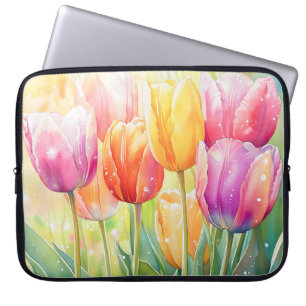 Blooming Watercolor Spring Tulip Garden Laptop Sleeve