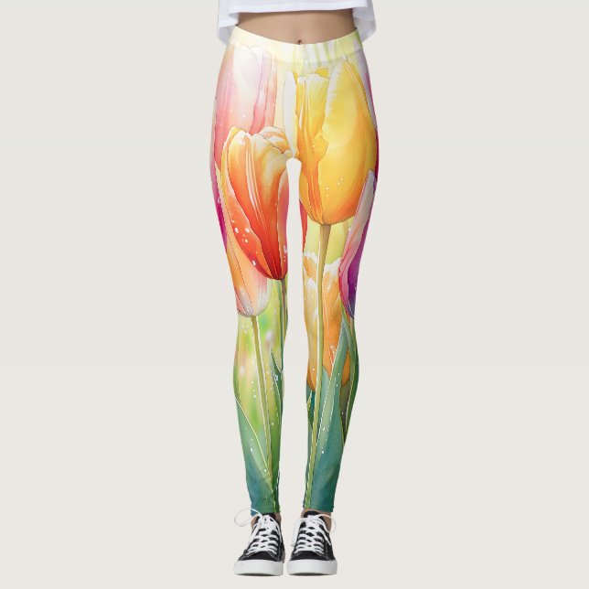 Blooming Watercolor Spring Tulip Garden Leggings (Front)