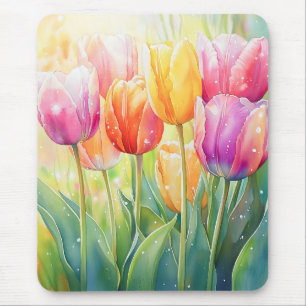 Blooming Watercolor Spring Tulip Garden Mouse Mat
