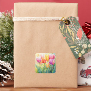 Blooming Watercolor Spring Tulip Garden Square Sticker