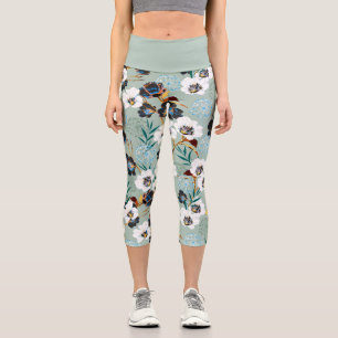 Blooming White Blue Flowers Yellow Leaf Powder Ash Capri Leggings