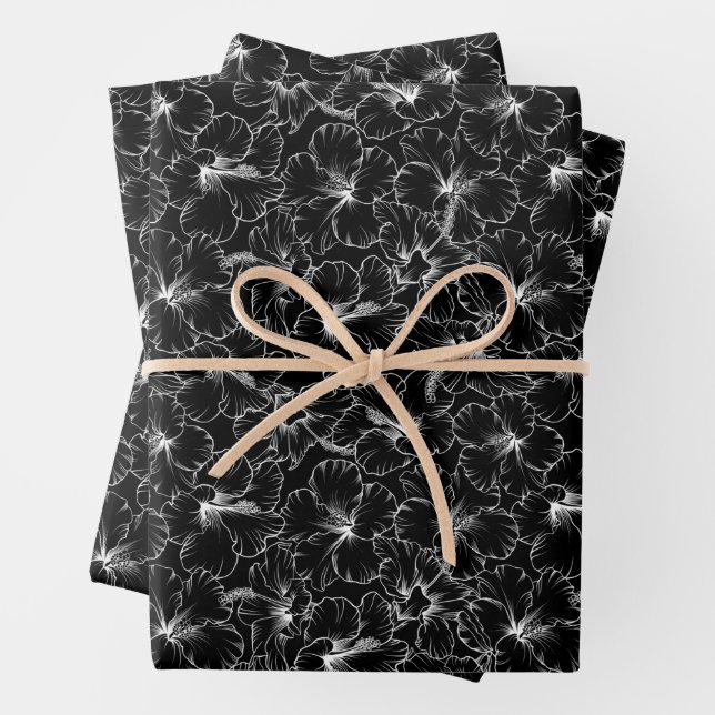 Blooming White Hibiscus Flowers on Black Wrapping Paper Sheet (In situ)