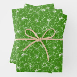 Blooming White Hibiscus Flowers on Green Wrapping Paper Sheet