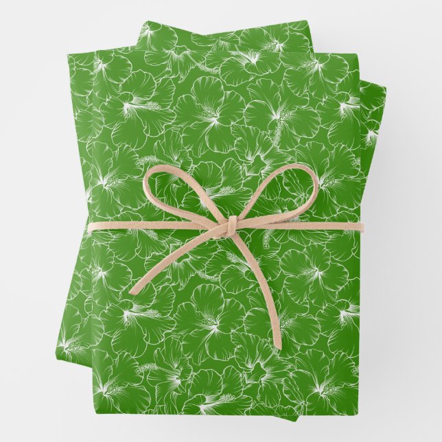 Blooming White Hibiscus Flowers on Green Wrapping Paper Sheet (In situ)