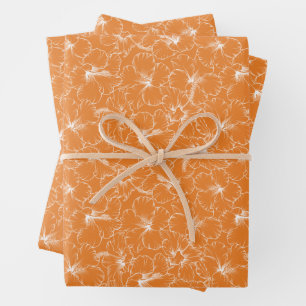 Blooming White Hibiscus Flowers on Orange Wrapping Paper Sheet