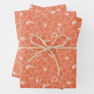 Blooming White Hibiscus Flowers on Peach Wrapping Paper Sheet