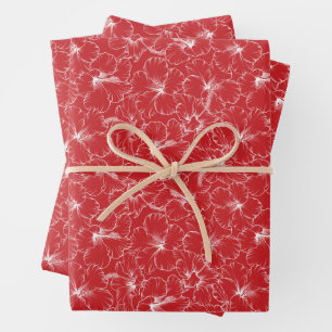 Blooming White Hibiscus Flowers on Red Wrapping Paper Sheet