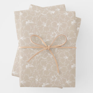 Blooming White Hibiscus Flowers on Taupe Wrapping Paper Sheet
