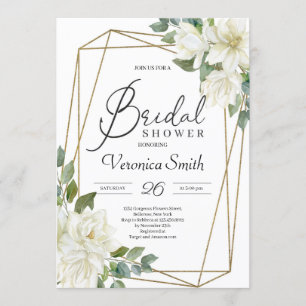 Blooming white magnolia floral gold frame bridal invitation