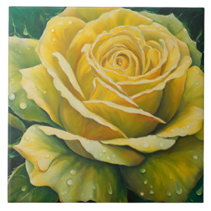 Blooming Yellow Rose with Water Drops  Tile