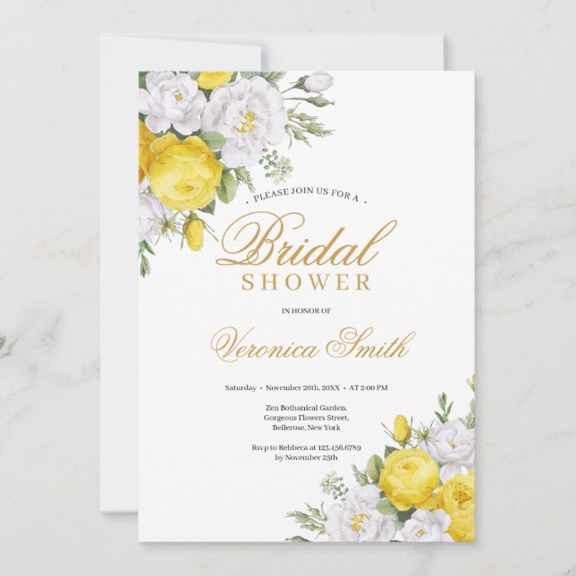 Blooming yellow white roses peony bridal shower invitation (Front)