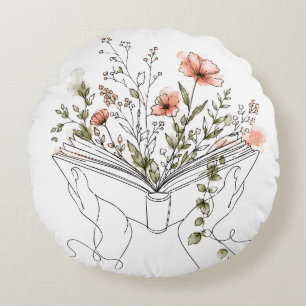Blooms Book Botanical Line Art Round Cushion