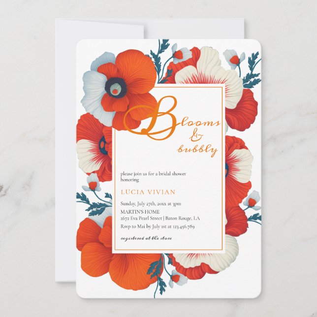 Blooms & Bubbly Bright Red Floral Bridal Shower Invitation (Front)