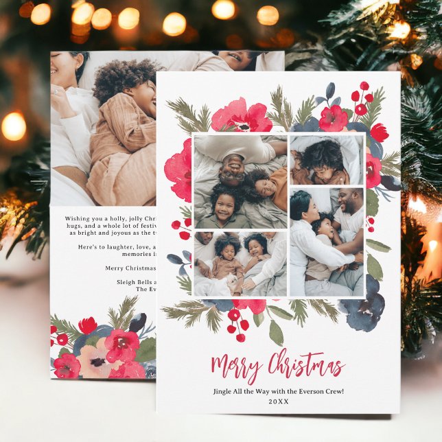 Blooms merry Christmas floral family 5 photos Holiday Card (Blooms merry Christmas floral family 5 photos Holiday Card)