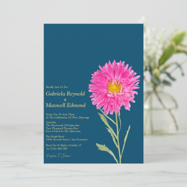 Blooms Nature Pink Aster Floral Wedding Invitation (Standing Front)