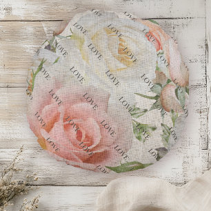 Blooms of Love: Pink and White Roses On Linen Round Cushion