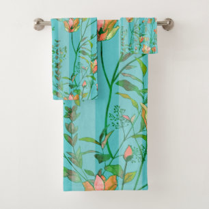 Blooms on Aqua Blue Striped Background Bath Towel Set