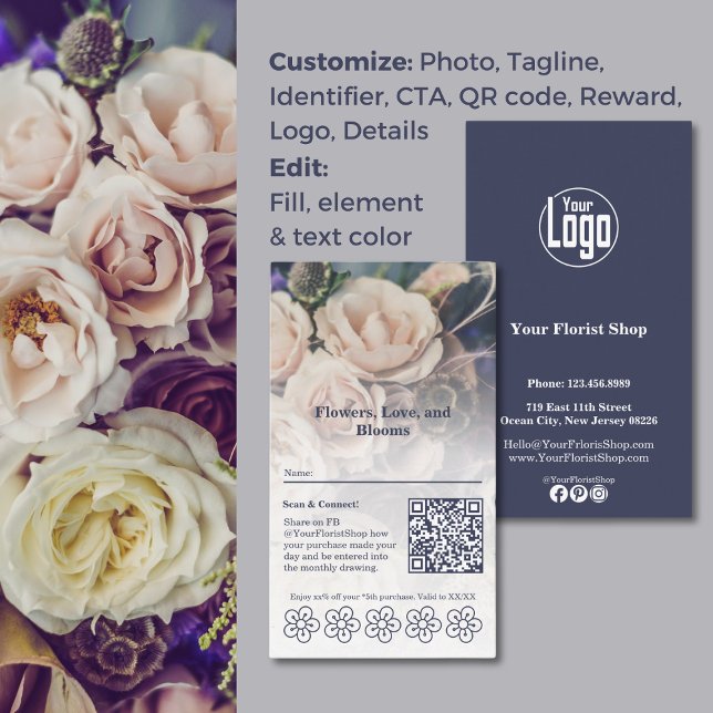 Blooms & Rewards Customisable Florist Loyalty Card (Blooms & Rewards Customizable Florist Loyalty Card, QR code, Custom Logo, Color customizable
)