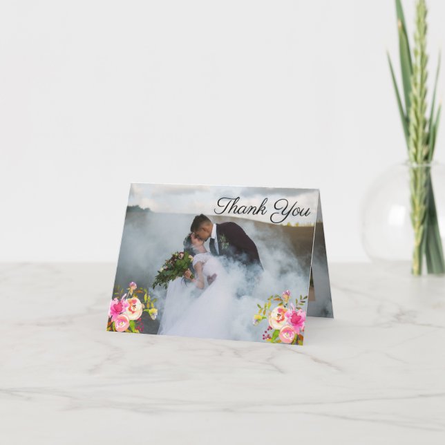 Blooms Watercolor 3 Photo Wedding Thank You (Front)