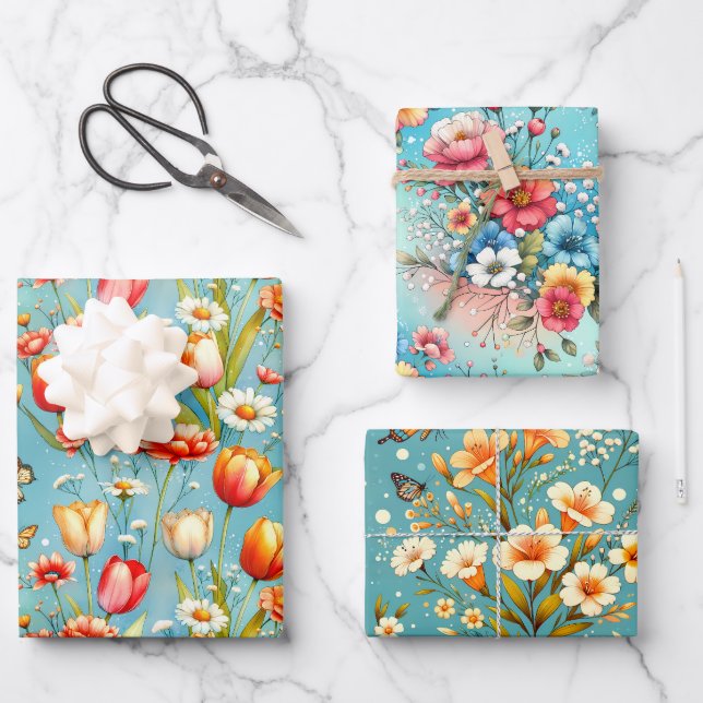 Bloomscape Blue 3 Wrapping Paper Sheet (Front)