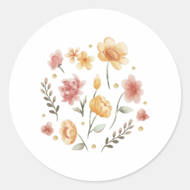 Bloomy flowers and leaves watercolor classic round sticker (Front)