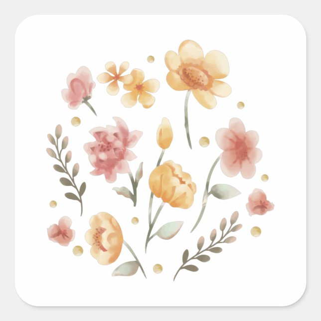 Bloomy flowers and leaves watercolor square sticker (Front)