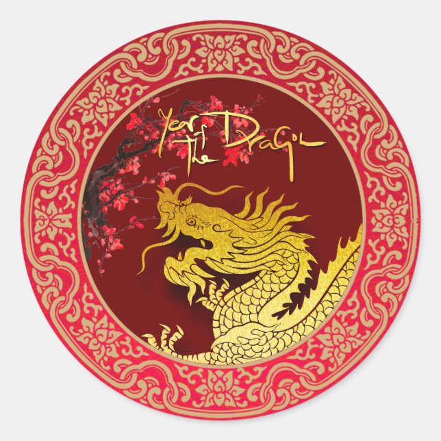 Blossom Chinese Dragon year paper-cut RS Classic Round Sticker (Front)