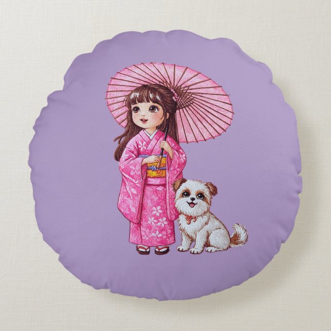 Blossom Companions: Kimono Girl & Puppy Round Pill Cushion (Front)