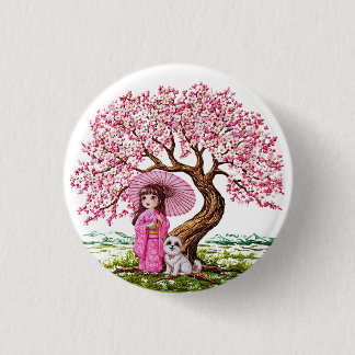 Blossom Dreams: Kimono Girl & Puppy 3 Cm Round Badge