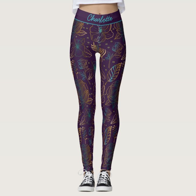Blossom floral pattern purple personalised name leggings (Front)