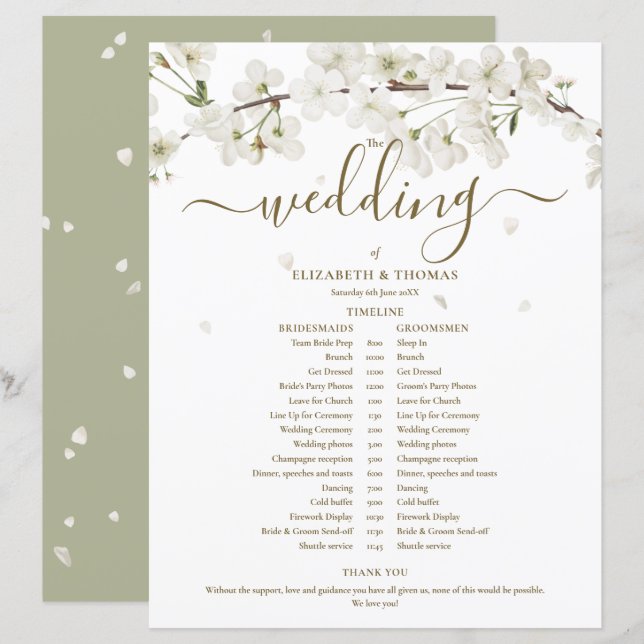 Blossom Floral Script Wedding Schedule Timeline (Front/Back)