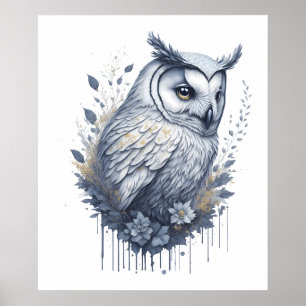 Blossom Guardian: Watercolor Owl in Floral Harmony Poster