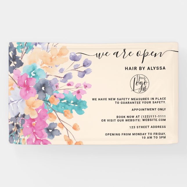 Blossom pink country floral watercolor We're open  Banner (Horizontal)