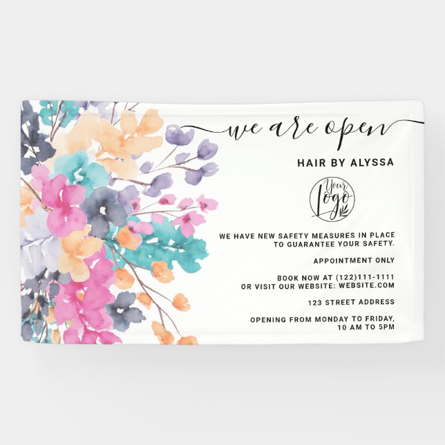 Blossom pink country floral watercolor We're open  Banner (Horizontal)