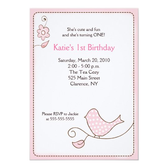 Blossom Polka Dot Pink Bird Birthday Invitation