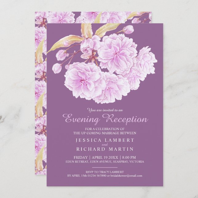 Blossom spring dark purple evening reception invitation (Front/Back)