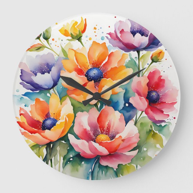 Blossom Vibrant Watercolor Flowers Large Clock (Front)