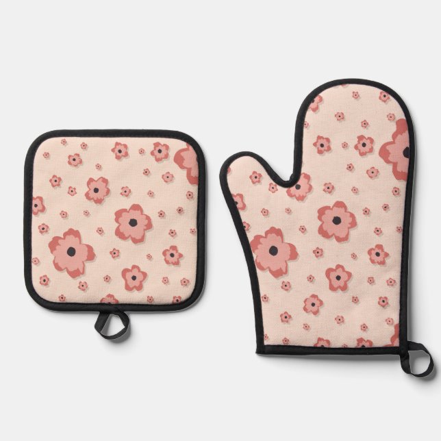 Blossom Warm Salmon Pink Silver Quilted Oven Mitt & Pot Holder Set (Front)