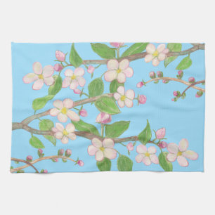 Blossoming Apple Tree Branch Sky Blue Tea Towel