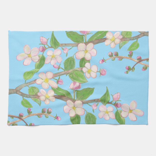 Blossoming Apple Tree Branch Sky Blue Tea Towel (Horizontal)