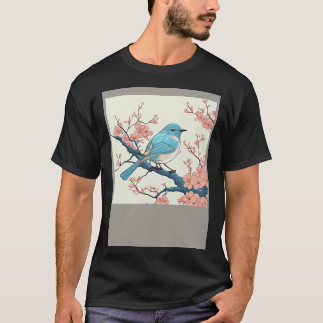Blossoming Bluebird on Sakura Branch  Floral Fligh T-Shirt (Front)