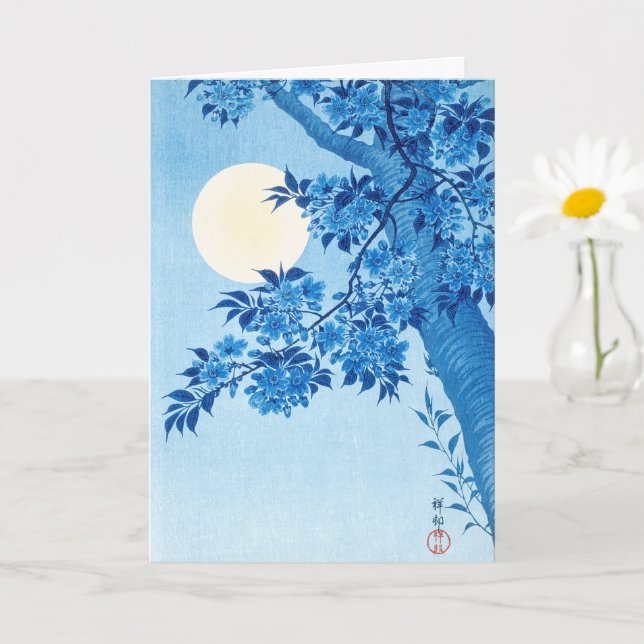 Blossoming Cherry Moonlit Night Ohara Koson Blue  Card (Small Plant)