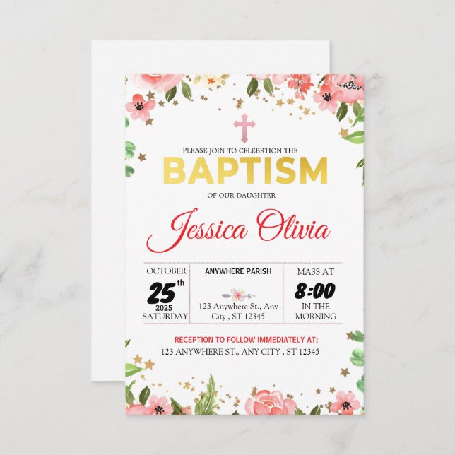 Blossoming Faith: Pink Floral Baptism Invitation  (Front/Back)